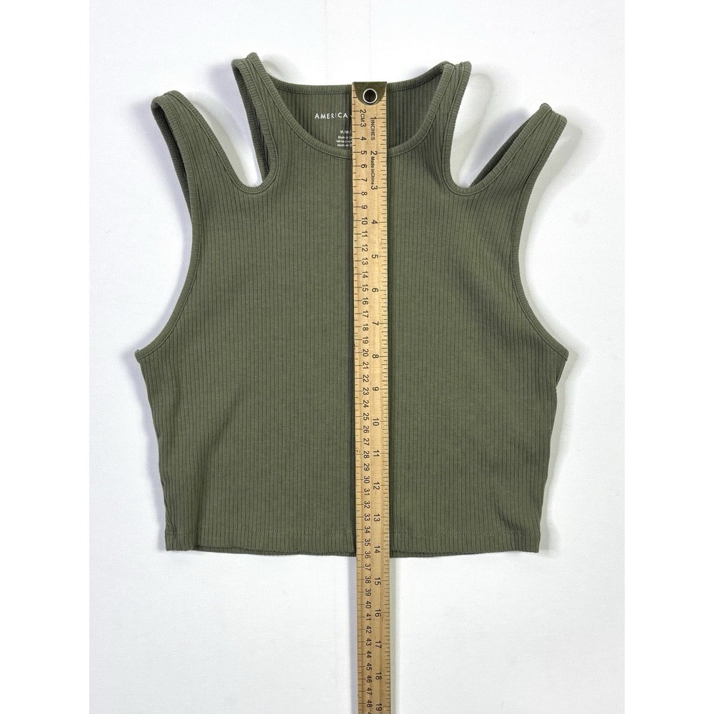American Eagle Tank Top Womens Medium Sage Green Ribbed Cropped Cold Shoulder - Picture 4 of 9